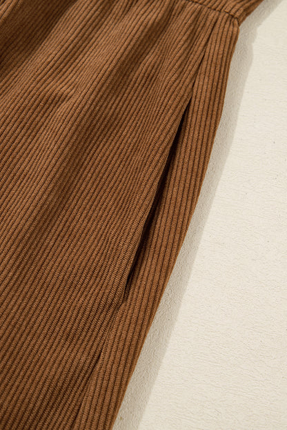 Camel Corduroy Full Buttoned Collared Shirt Style Plus Size Dress