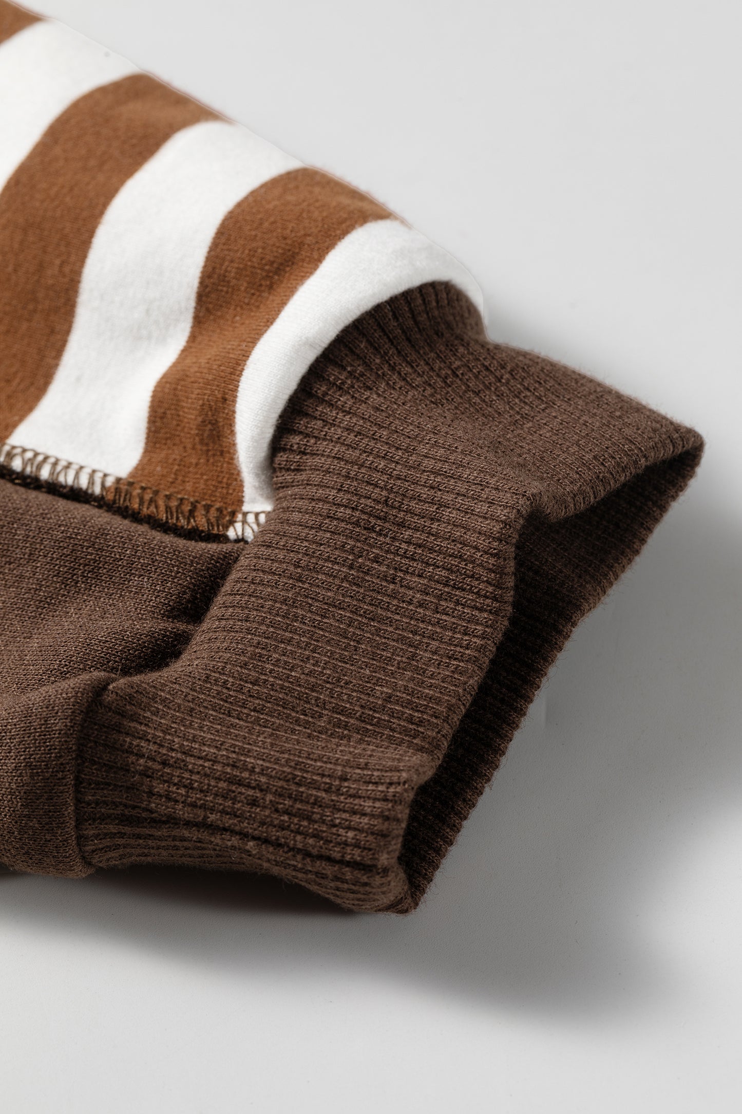Brown Stripe Exposed Seam Color Block Patchwork Button Placket Sweatshirt