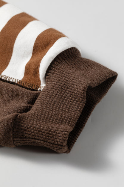 Brown Stripe Exposed Seam Color Block Patchwork Button Placket Sweatshirt