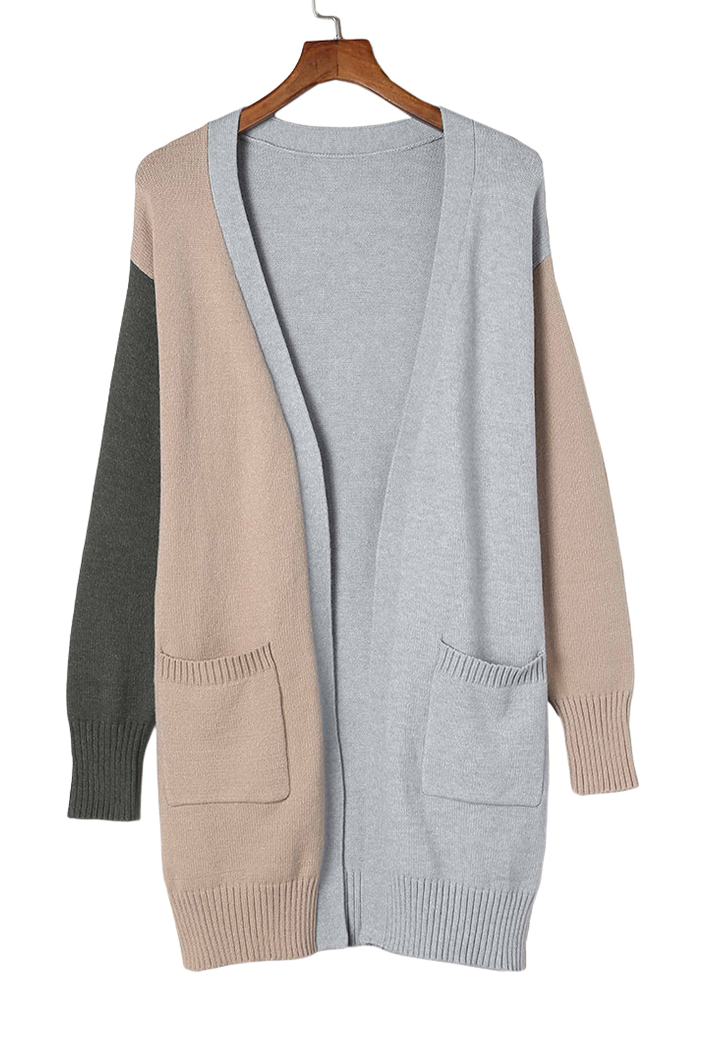 Gray Colorblock Pocketed Cardigan with Ribbed Trim