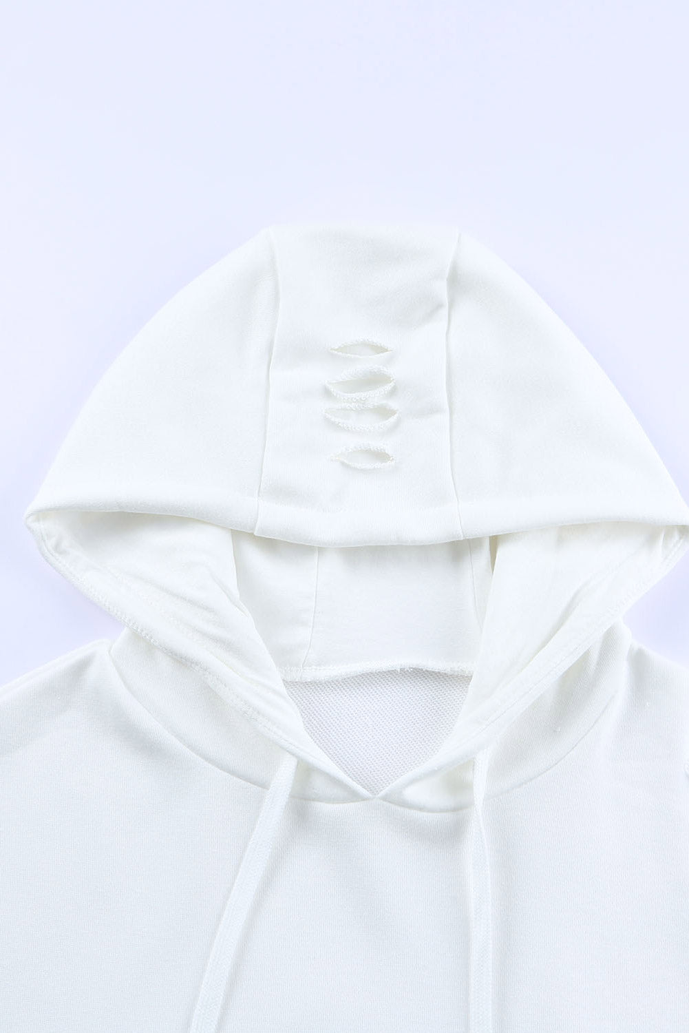 White Solid Ripped Hooded Sweatshirt with Kangaroo Pocket