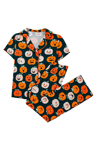 Orange Halloween Pattern Short Sleeve Shirt Pajama Set