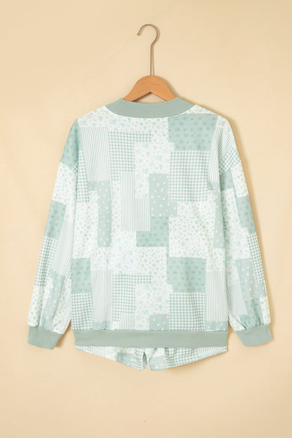 Sky Blue Patchwork Floral Print Drop Shoulder Baggy Pullover Drawstring Shorts Set