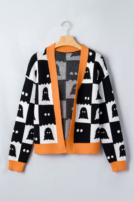 Black Geometric Ghost Print Drop Shoulder Knit Cardigan