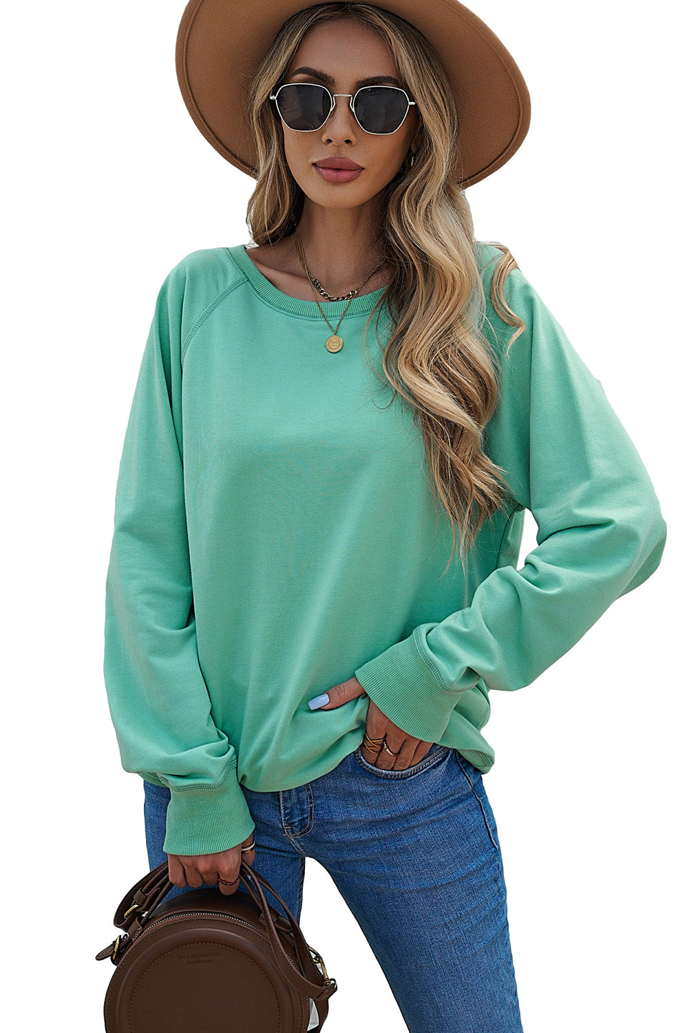 Green French Terry Cotton Blend Pullover Sweatshirt