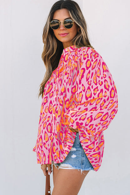 Rose Red Oversized Leopard Print Balloon Sleeve Casual Shirt