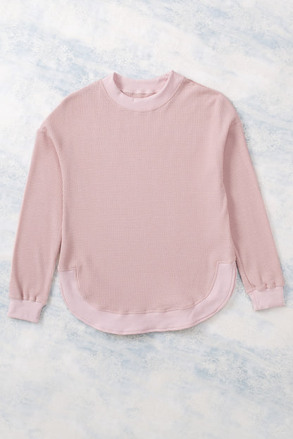 Pink Crew Neck Ribbed Trim Waffle Knit Top