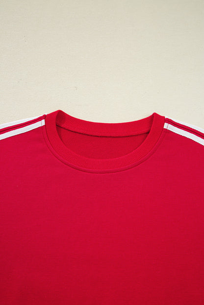 Fiery Red Varsity Striped Detail Crewneck Pullover Elastic Sweatpants 2pcs Outfit