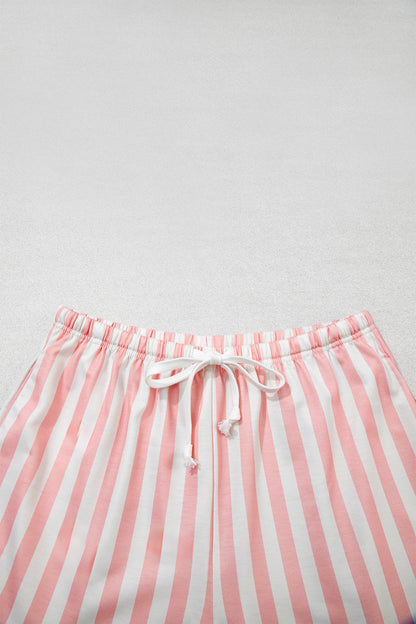 Smoke Green Striped Color Block Pullover Top Drawstring Shorts Set