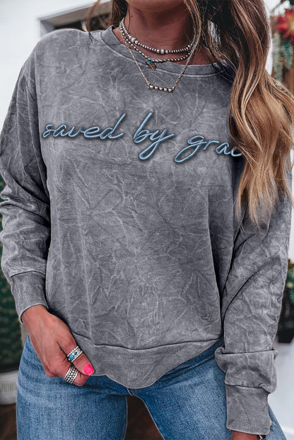 High-rise saved by grace Letter Embroidery Mineral Wash Loose Sweatshirt