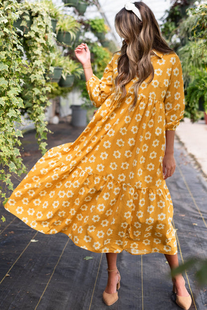 Yellow Flower Print Bracelet Sleeve Buttons Collared Maxi Dress