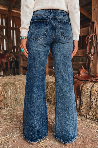 Beau Blue Acid Wash Pocket Detail Flare Jeans
