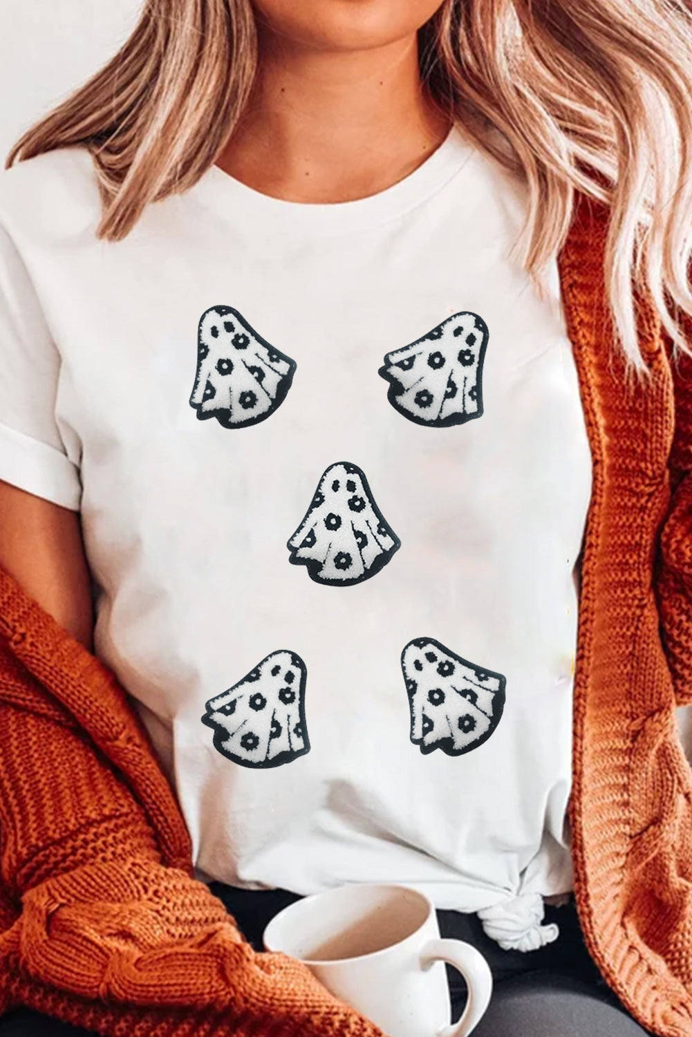 White Playful Ghost Patched Cotton Blend T Shirt