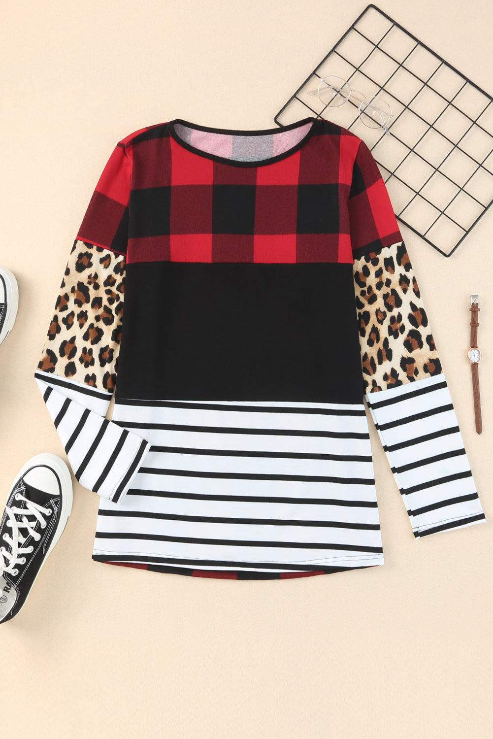 Plaid Print Leopard Splicing Striped Color Block Long Sleeve Top