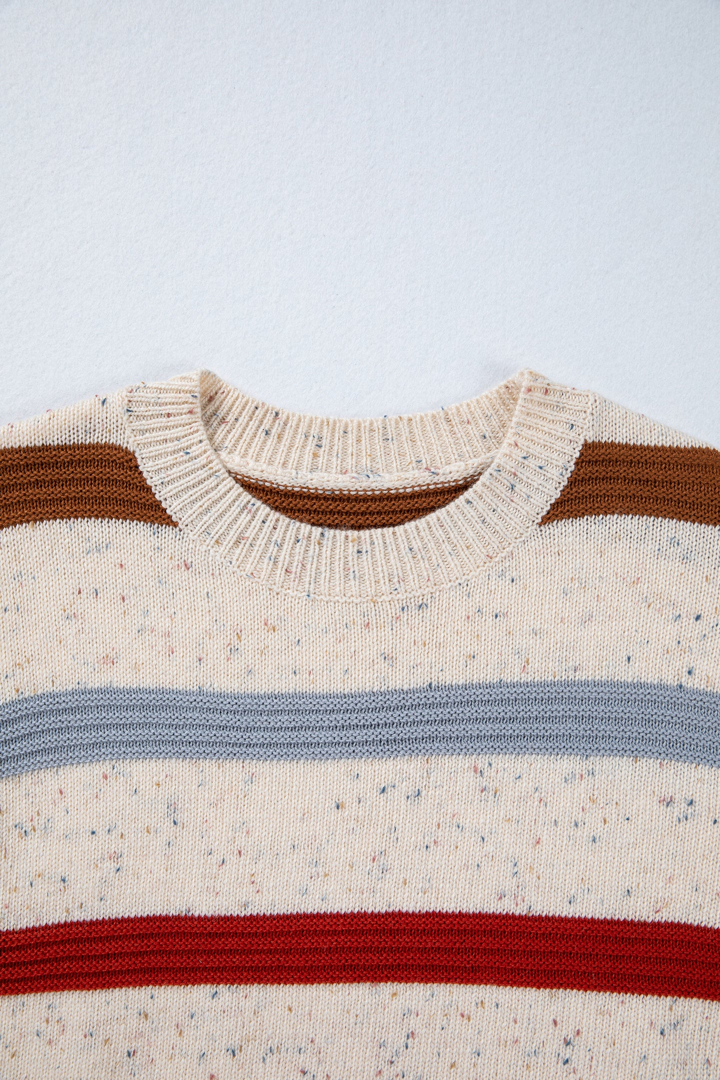 Beige Stripe Exposed Seam Drop Shoulder Heathered Knit Sweater