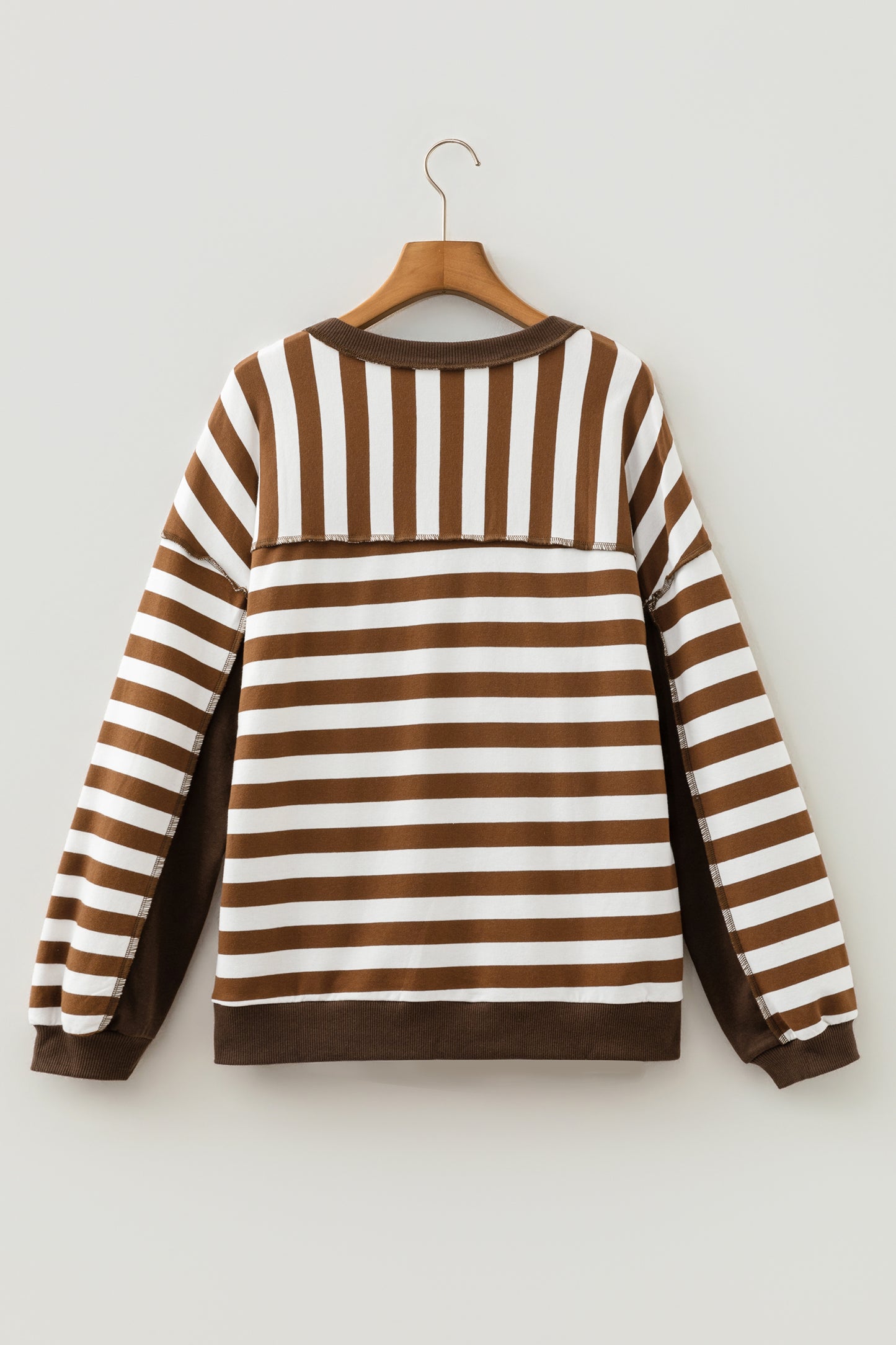 Brown Stripe Exposed Seam Color Block Patchwork Button Placket Sweatshirt
