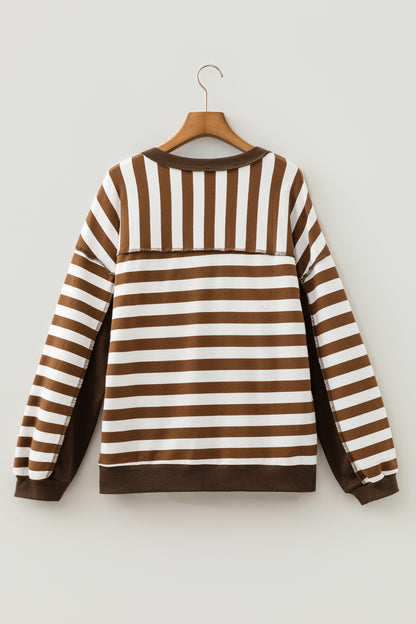 Brown Stripe Exposed Seam Color Block Patchwork Button Placket Sweatshirt