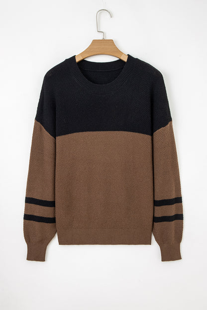 Dark Brown Color Block Knit Striped Sleeve Detail Casual Sweater