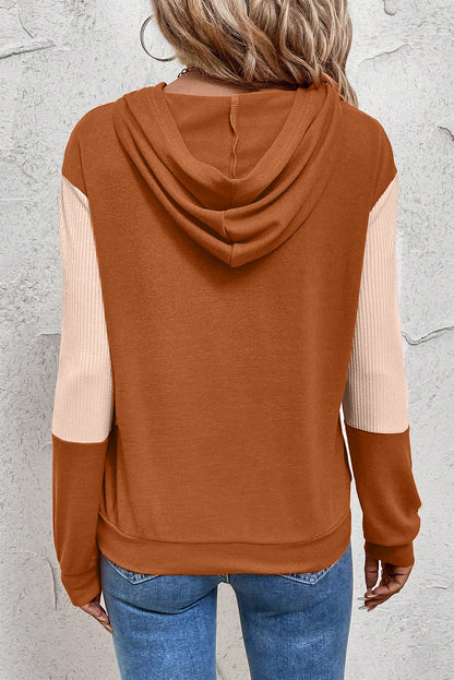 Gold Flame Contrast Color Ribbed Patchwork Crossed Pullover Neck Hoodie