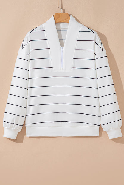 White Zip V Neck Casual Stripe Print Drop Shoulder Long Sleeve Top