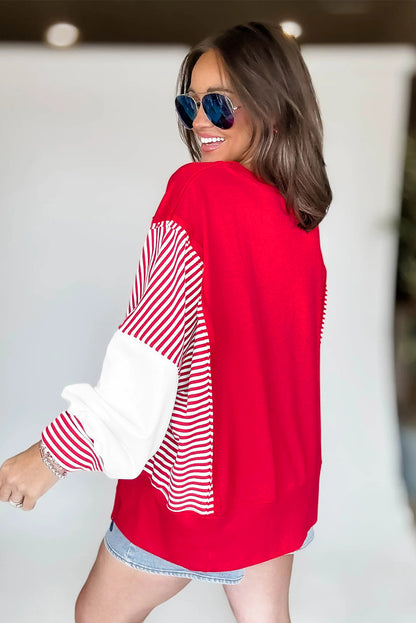 Fiery Red Striped Patchwork Sleeve Colorblock Sweatshirt