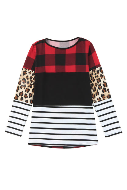 Plaid Print Leopard Splicing Striped Color Block Long Sleeve Top