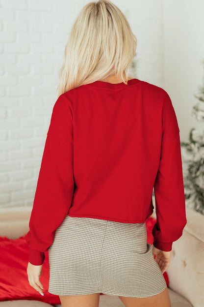 Tomato Red Christmas Tree Embroidered Notched Neck Cropped Sweatshirt