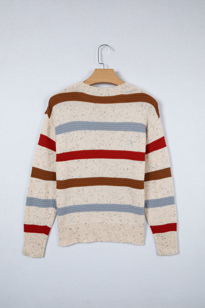 Beige Stripe Exposed Seam Drop Shoulder Heathered Knit Sweater