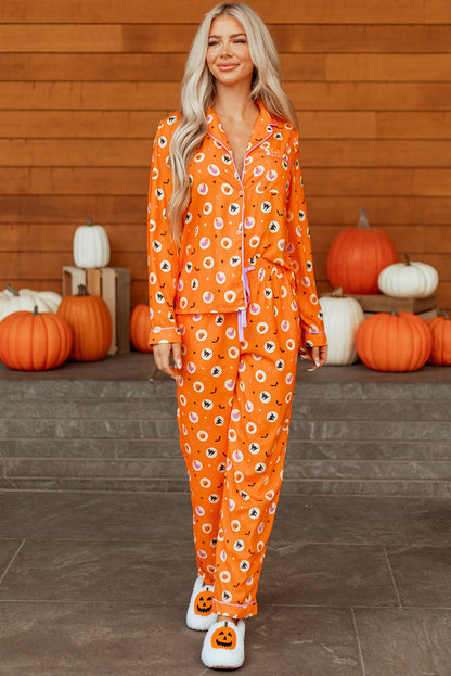 Orange Halloween Print Lapel Shirt Long 2pcs Pajama Set