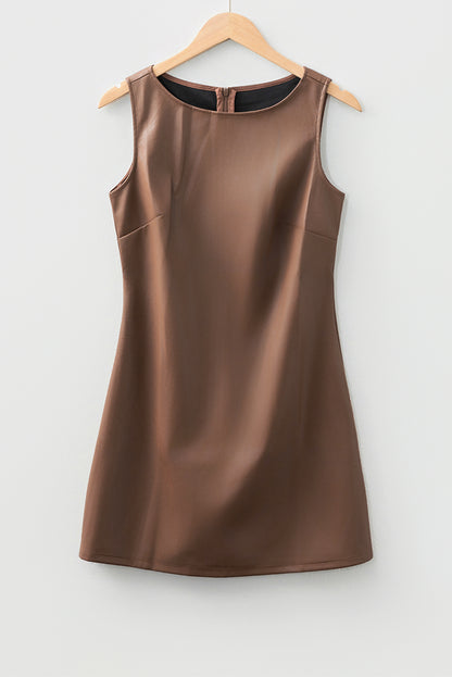 Coffee Vegan Leather Sleeveless Mini Dress