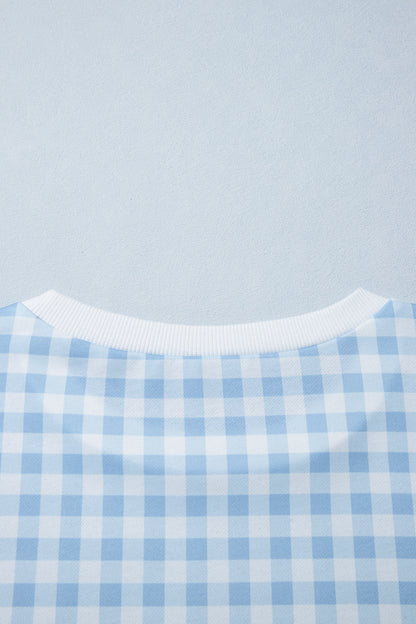 Light Blue Plaid Round Neck Long Sleeve Sweatshirt