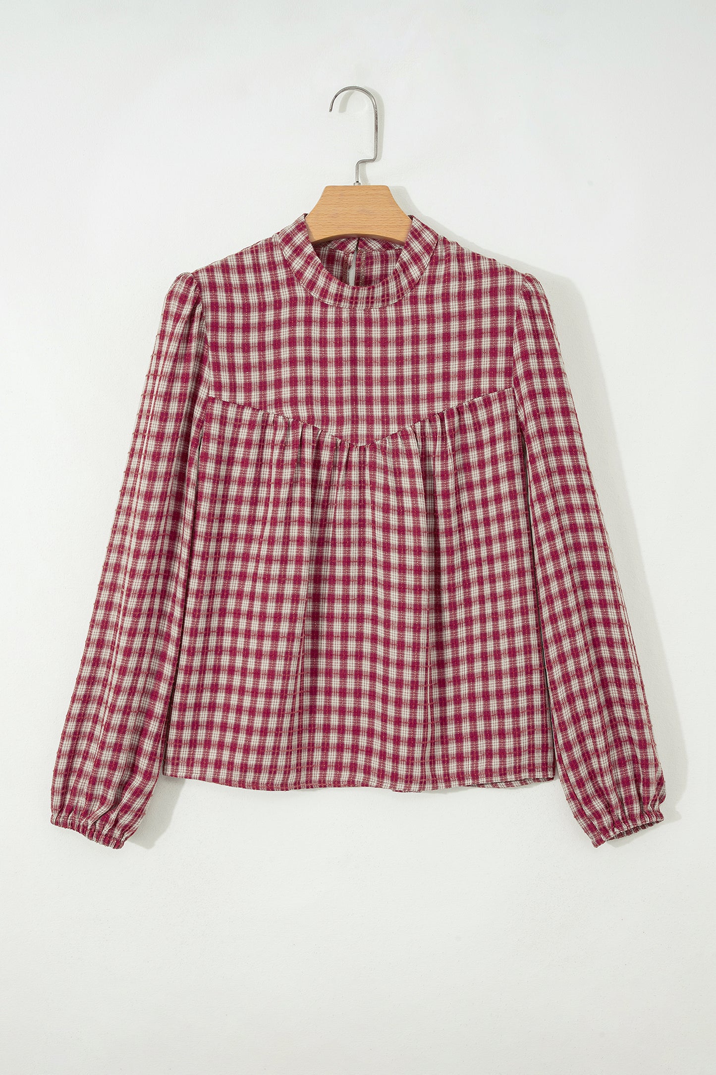 Coral Country Plaid Long Sleeve Button Keyhole Pleated Loose Blouse
