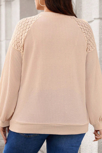 Beige Plus Size Lace Patchwork Buttons Waffle Knit Top