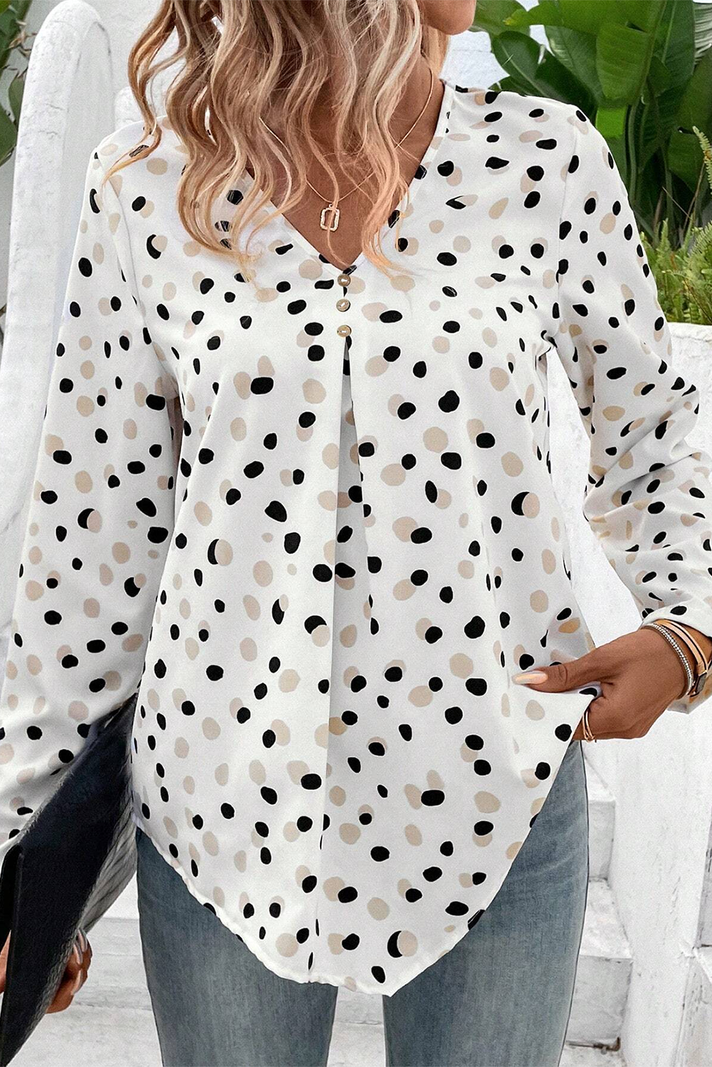 White Polka Dot Print Button Front V Neck Blouse