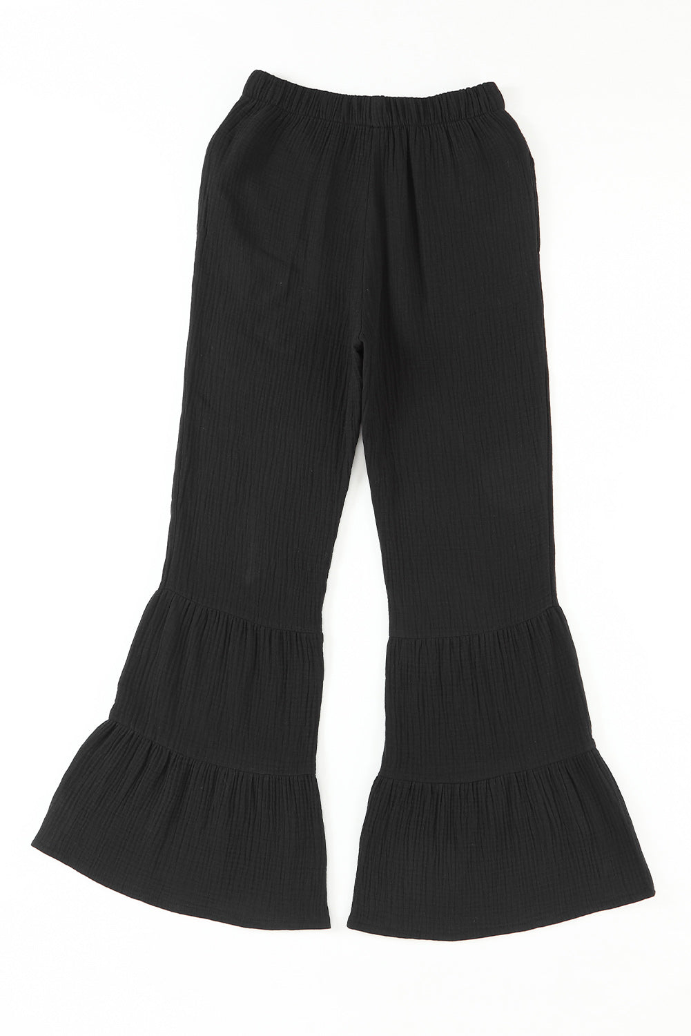 Black Textured High Waist Ruffled Bell Bottom Pants