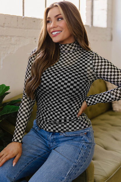Black Plaid Stand Neck Long Sleeve Mesh Top