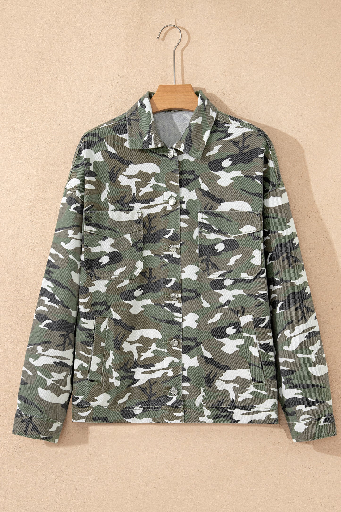 Green Camo Chest Pockets Loose Jean Jacket