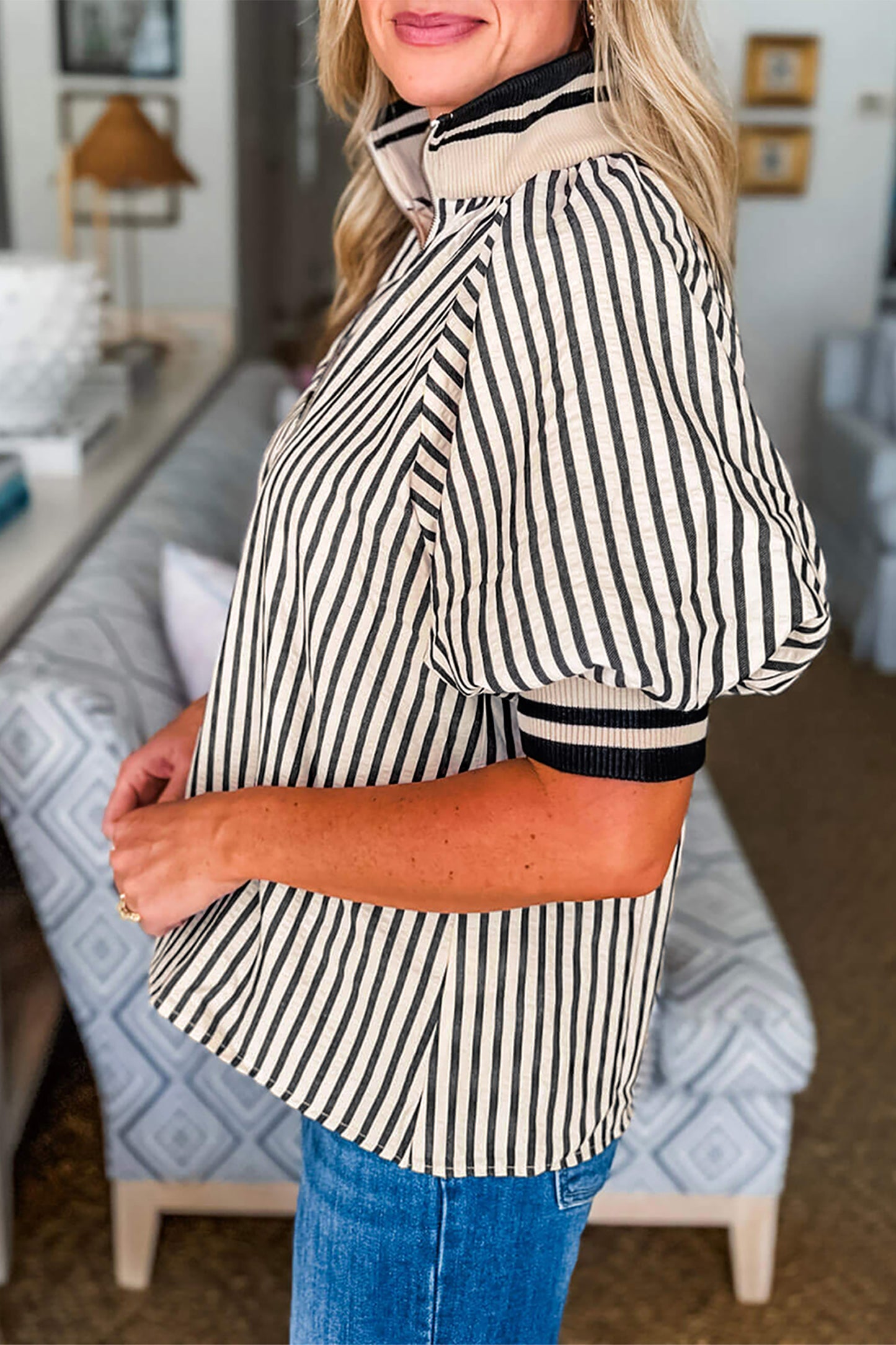 Black Stripe Polo Collar Half Zip Short Puff Sleeve Blouse