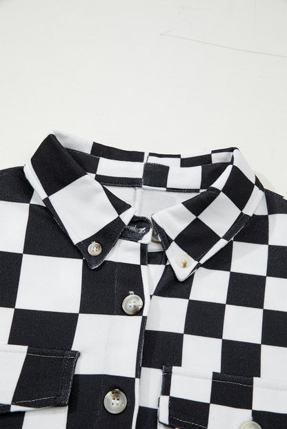 Black Checkerboard Flap Pocket Button Front Shacket