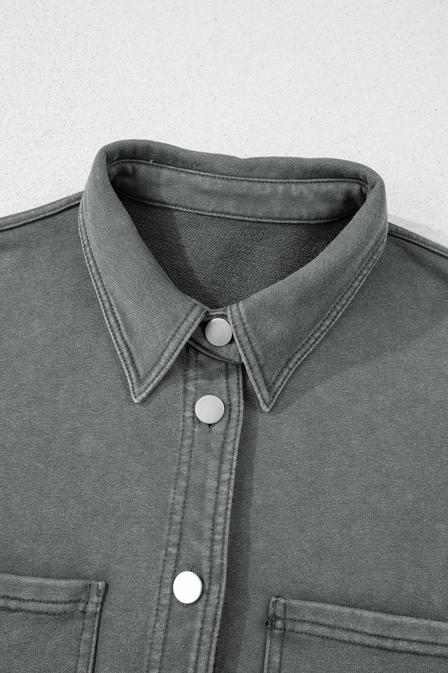 Medium Grey Mineral Wash Chest Pockets Drop Shoulder Shacket with Side Slit