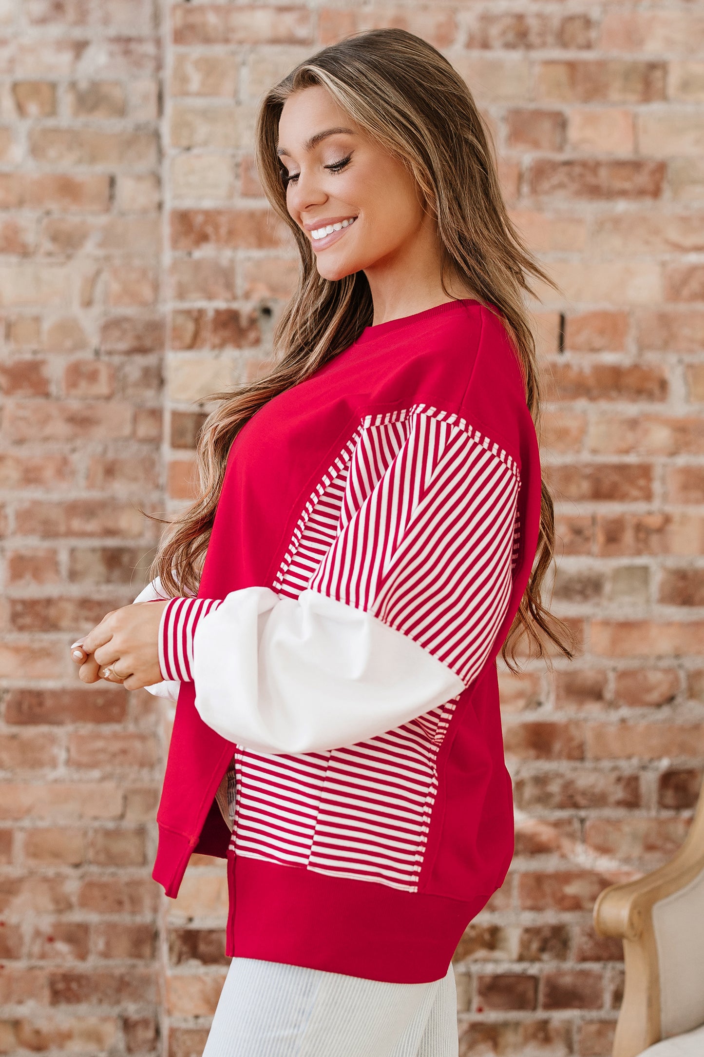 Fiery Red Striped Patchwork Sleeve Colorblock Sweatshirt