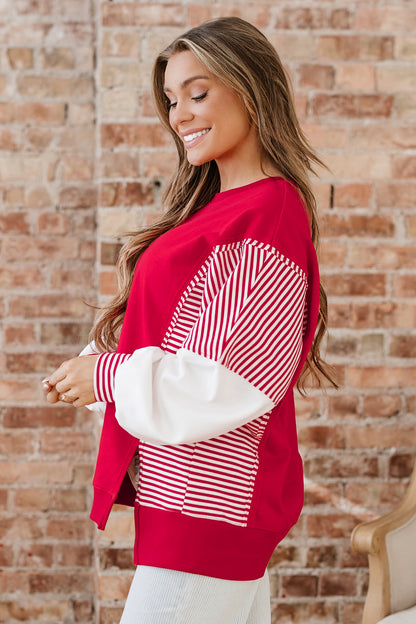 Fiery Red Striped Patchwork Sleeve Colorblock Sweatshirt
