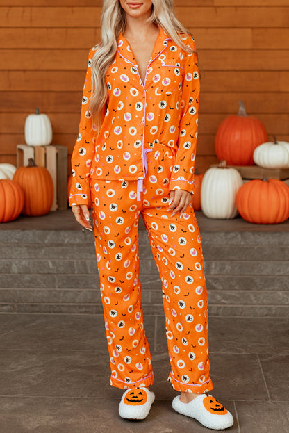 Orange Halloween Print Lapel Shirt Long 2pcs Pajama Set