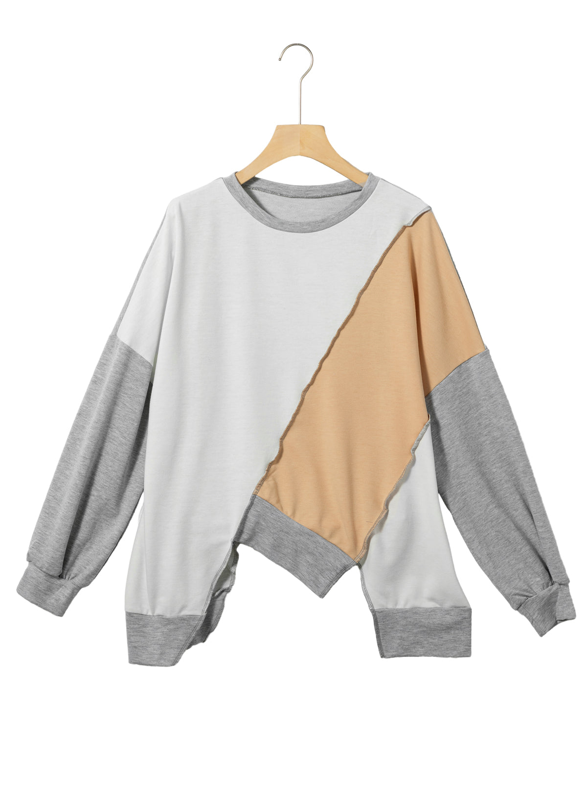 Light French Beige Colorblock Stitching Irregular Hem Long Sleeve Top