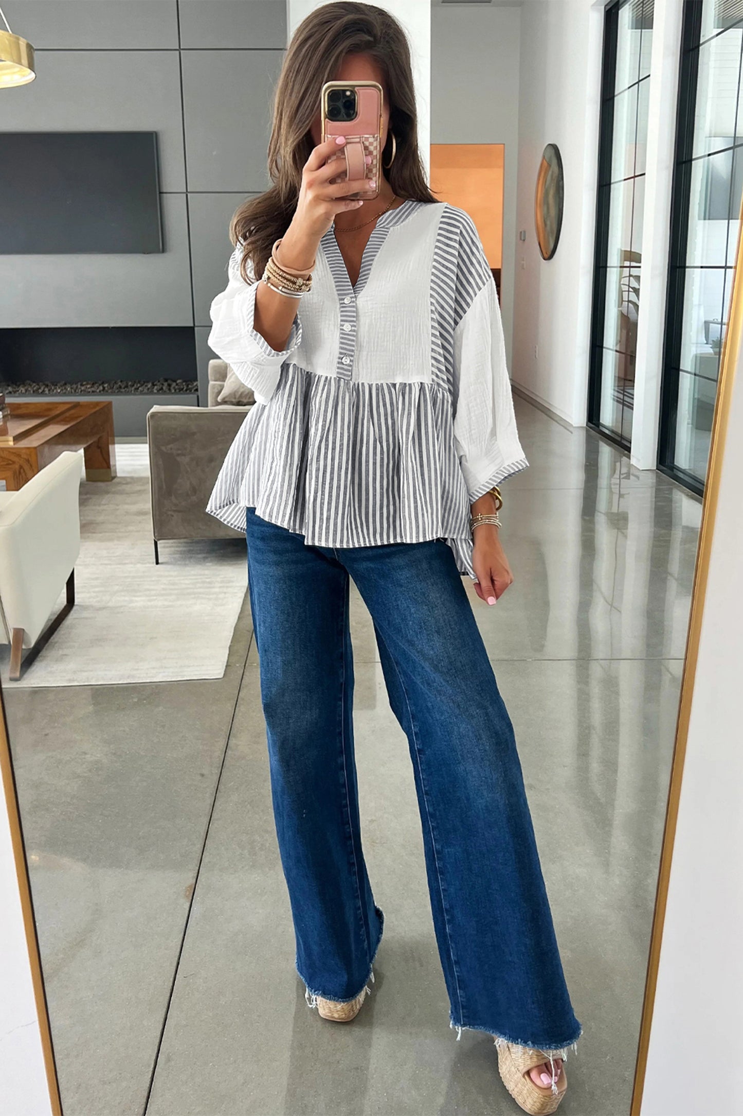 Gray Stripe Half Button Gauze Patchwork Bracelet Sleeve Babydoll Blouse