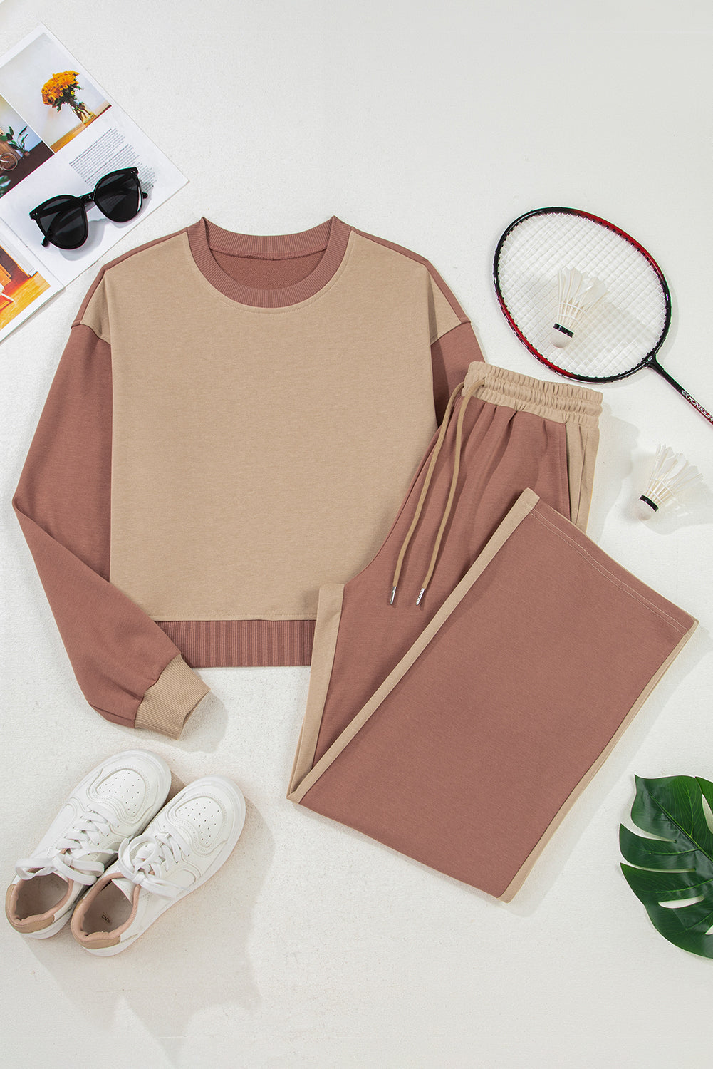 Khaki Color Block Long Sleeve Crop Top Drawstring Pant Set