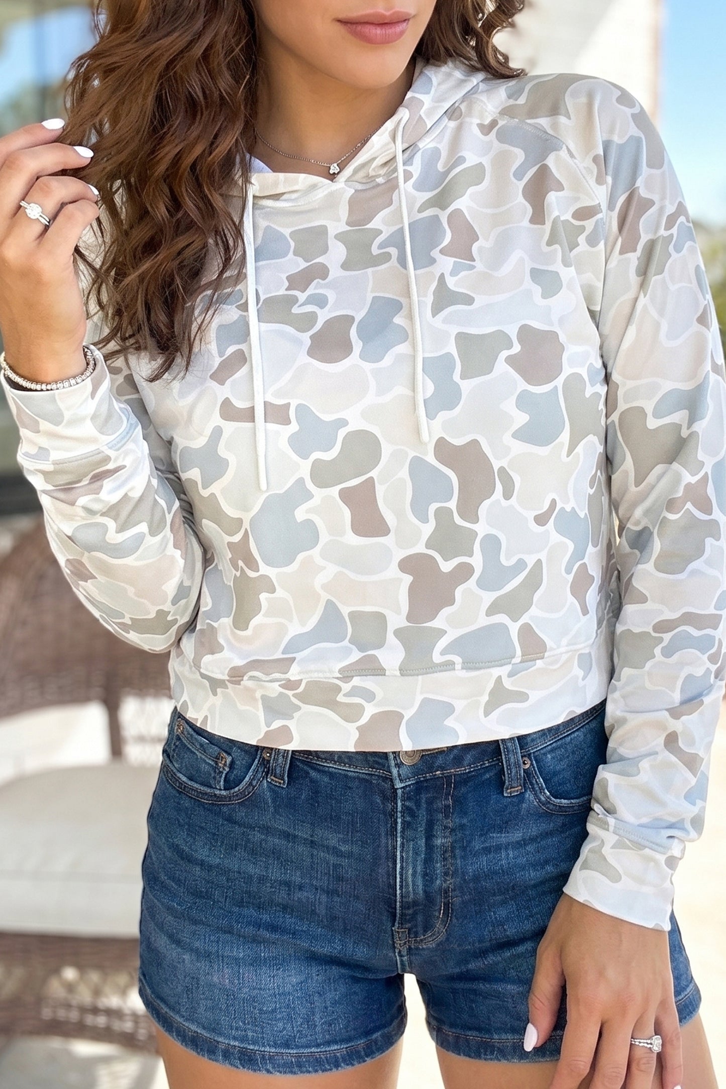 Beige Camouflage Print Relaxed Drawstring Hoodie