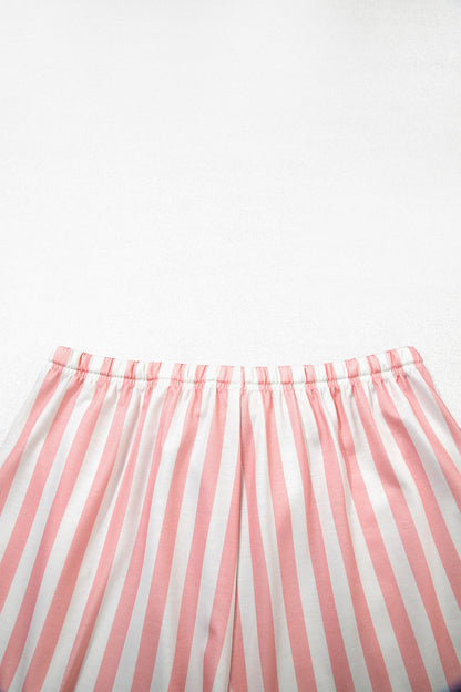 Smoke Green Striped Color Block Pullover Top Drawstring Shorts Set