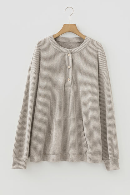 Simply Taupe Plus Size Ribbed Knit Kangaroo Pocket Henley Long Sleeve Top