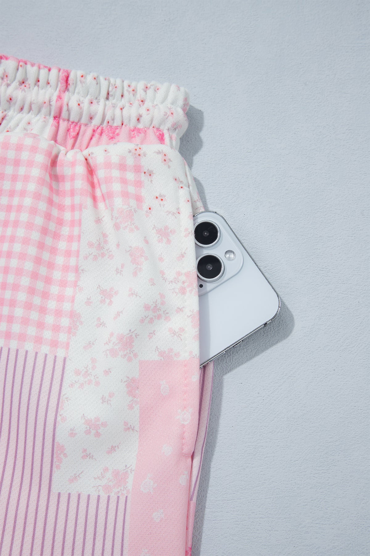 Sky Blue Patchwork Floral Print Drop Shoulder Baggy Pullover Drawstring Shorts Set